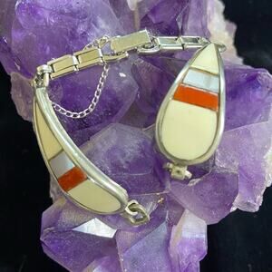 Sterling silver Zuni inlaid watch band old pawn mother of pearl coral and bone